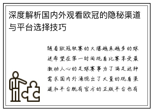 深度解析国内外观看欧冠的隐秘渠道与平台选择技巧