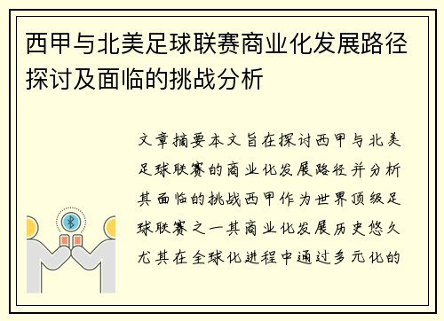 西甲与北美足球联赛商业化发展路径探讨及面临的挑战分析