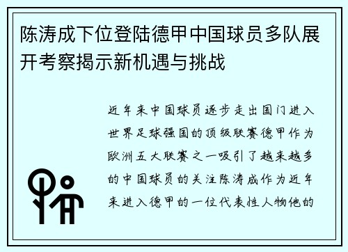 陈涛成下位登陆德甲中国球员多队展开考察揭示新机遇与挑战