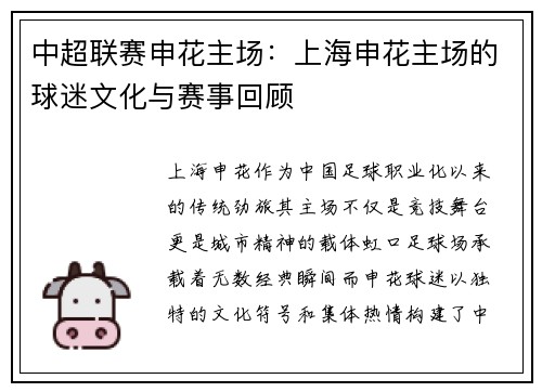 中超联赛申花主场：上海申花主场的球迷文化与赛事回顾