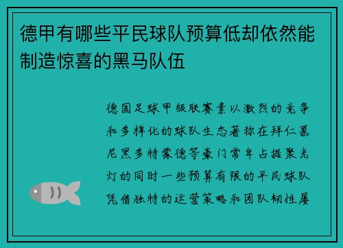 德甲有哪些平民球队预算低却依然能制造惊喜的黑马队伍